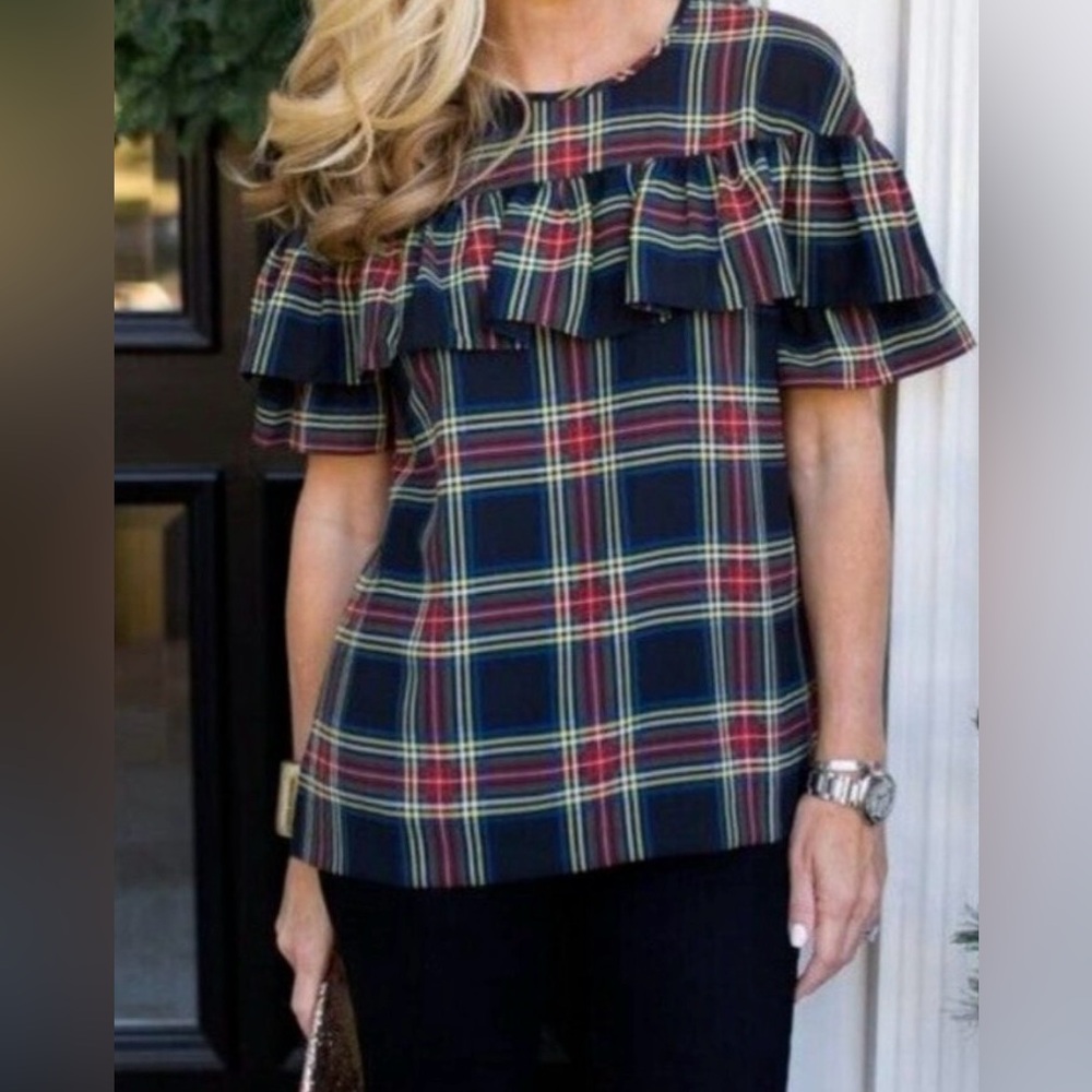 J. Crew Edie Stewart Tartan Plaid Ruffle Top Blouse
Flutter Short Sleeve 8